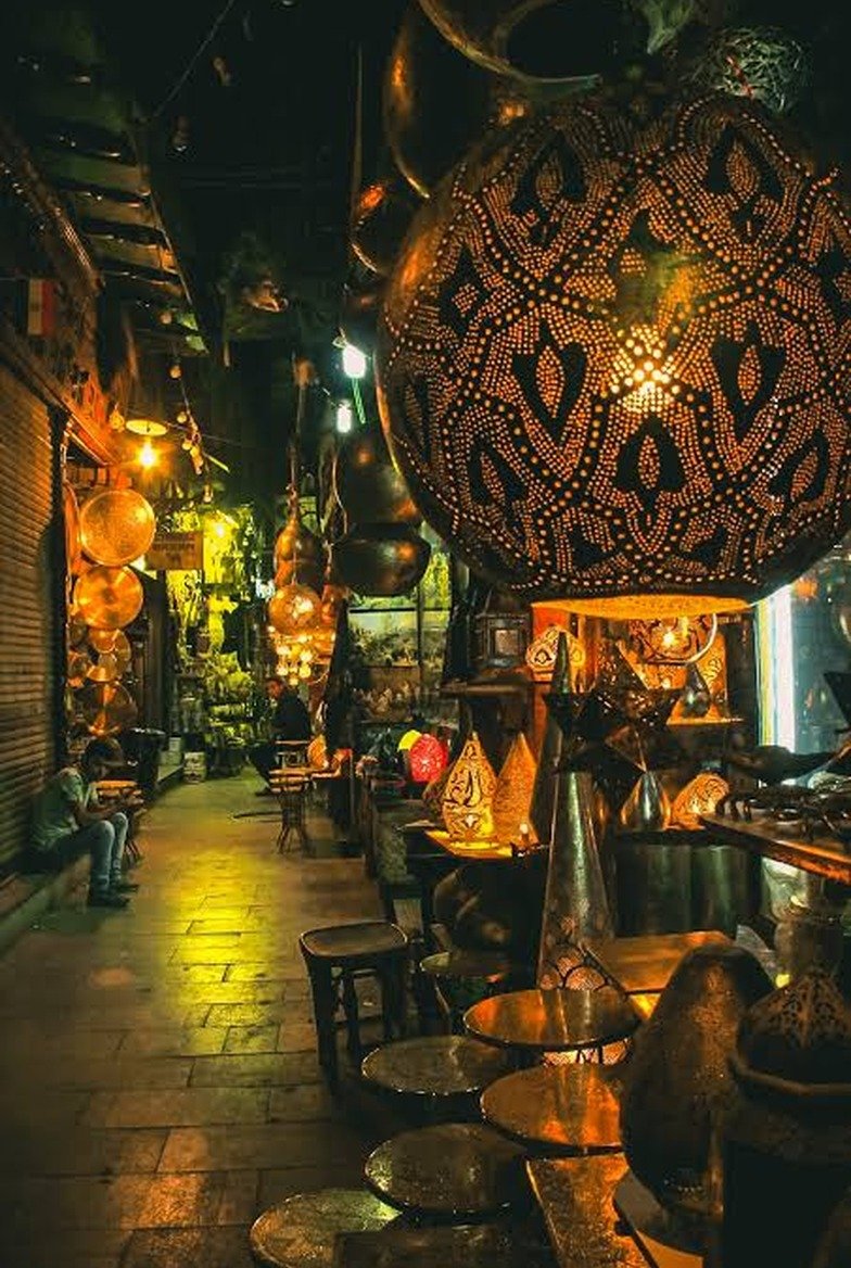 Traditional bazaar atmosphere at Khan El Khalili and Al-Muizz Street in Old Cairo